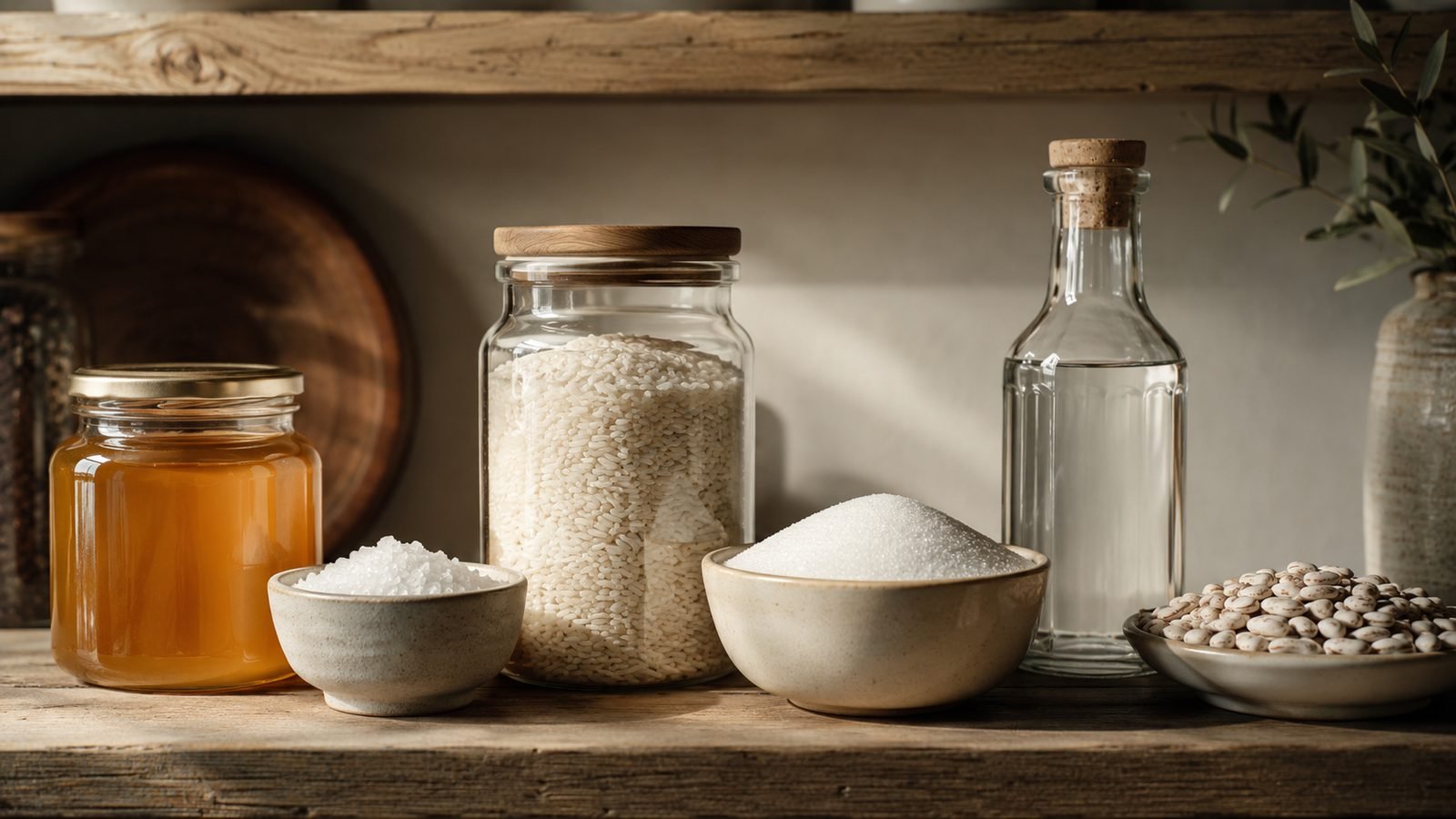 A pantry shelf of foods that never expire: honey, salt, white rice, sugar, distilled vinegar and soy sauce in glass jars.