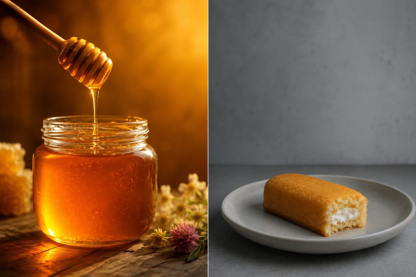 Split scene contrasting a jar of honey glowing in warm light (a true forever food) with a cream-filled snack cake on a plain plate (a common myth).