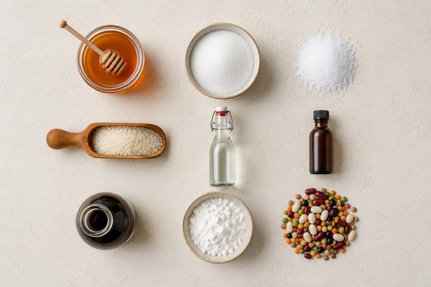 Flat-lay of pantry foods that never expire — honey, sugar, salt, white rice, vinegar, vanilla, soy sauce, cornstarch and dried beans.