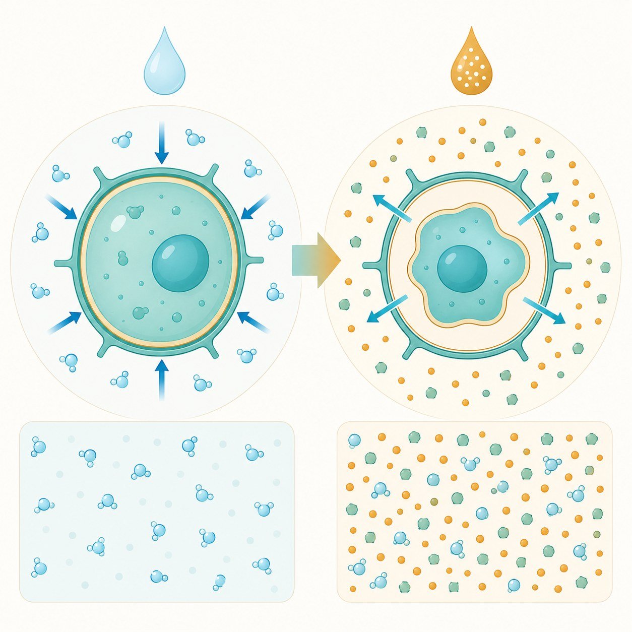 Diagram showing osmosis drawing water out of a microbial cell in a high-sugar or high-salt environment, causing the cell to collapse (plasmolysis).