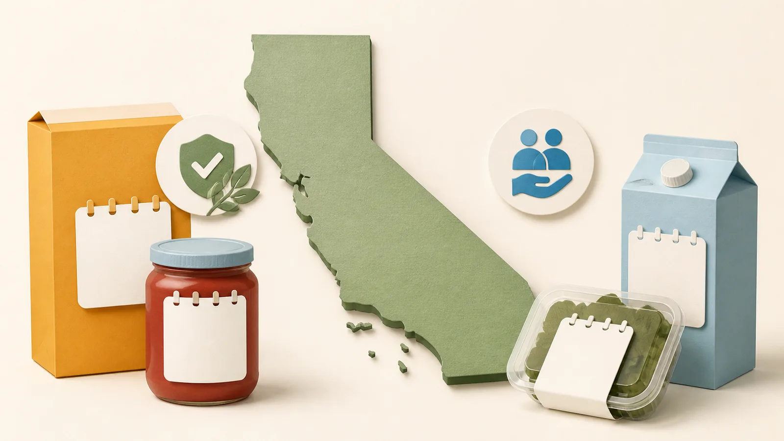 A stylized paper California map surrounded by food packages and blank date cards