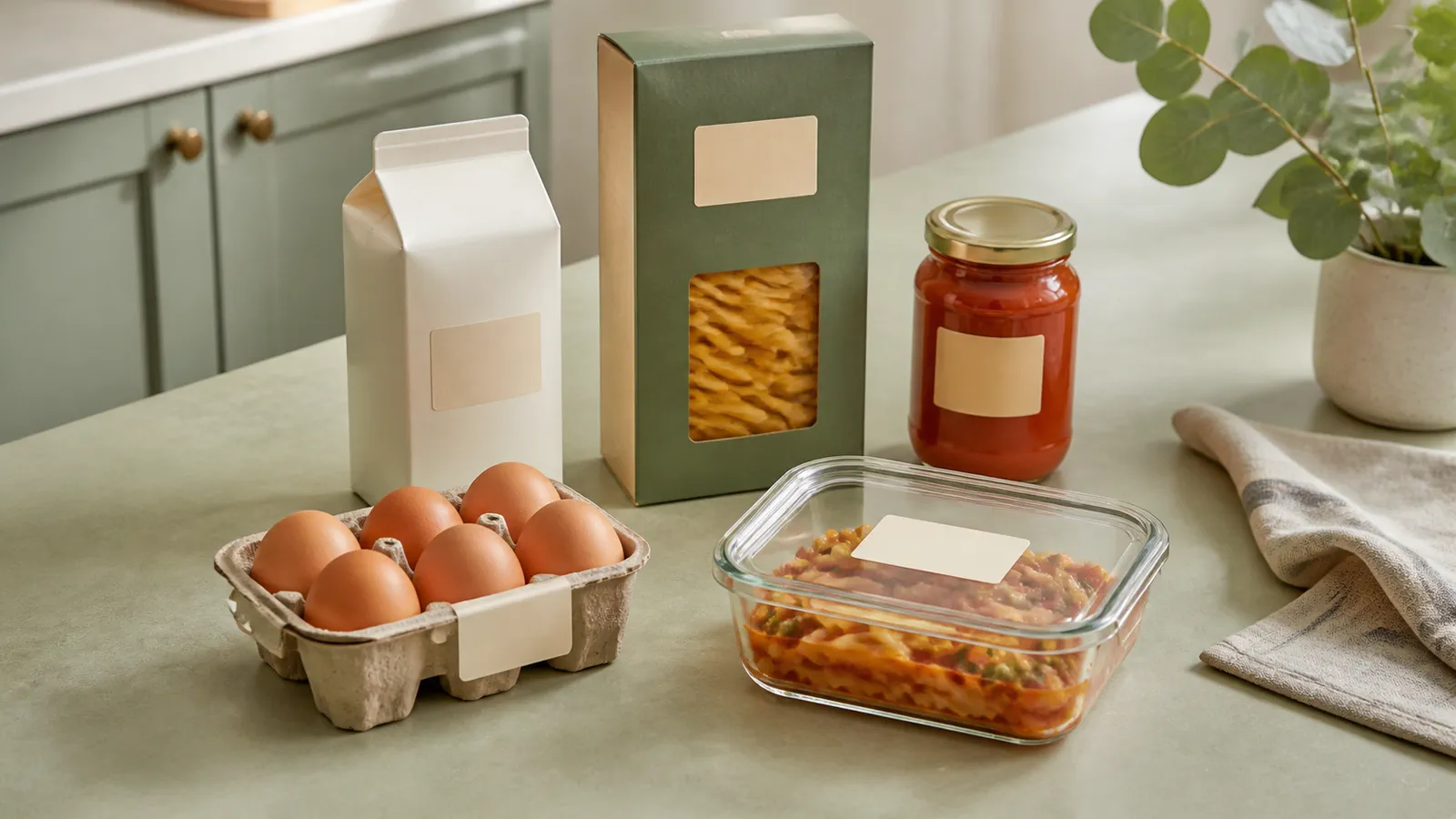 Milk, eggs, pasta, jarred sauce and leftovers with blank date stickers arranged on a sage kitchen counter