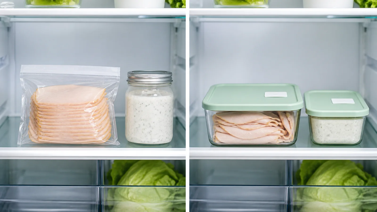 A refrigerator comparison showing sealed deli meat and dressing on one side, and opened food stored in lidded containers on the other