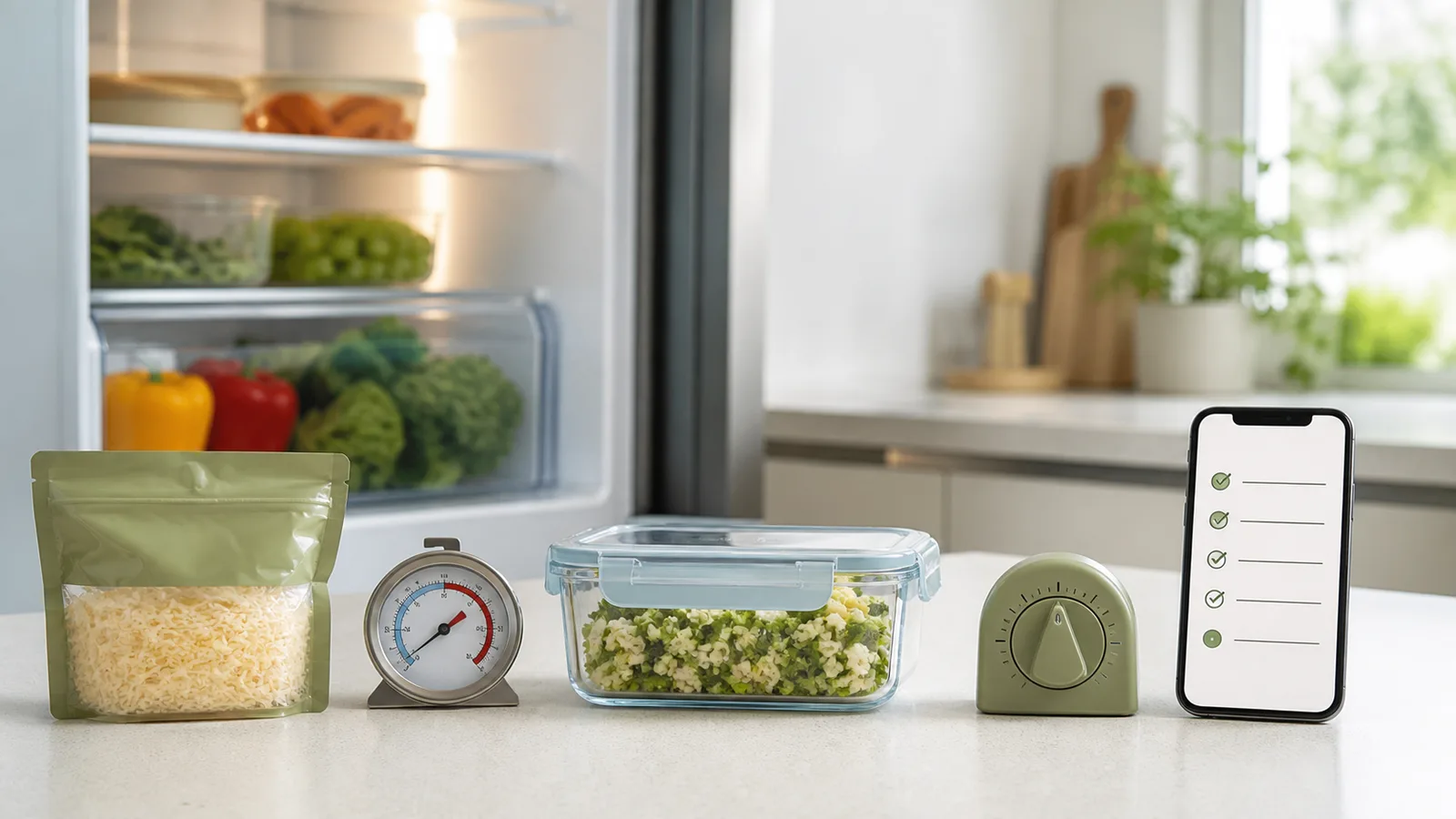 A kitchen counter with a refrigerator, food containers, a food thermometer, a timer and a checklist on a phone