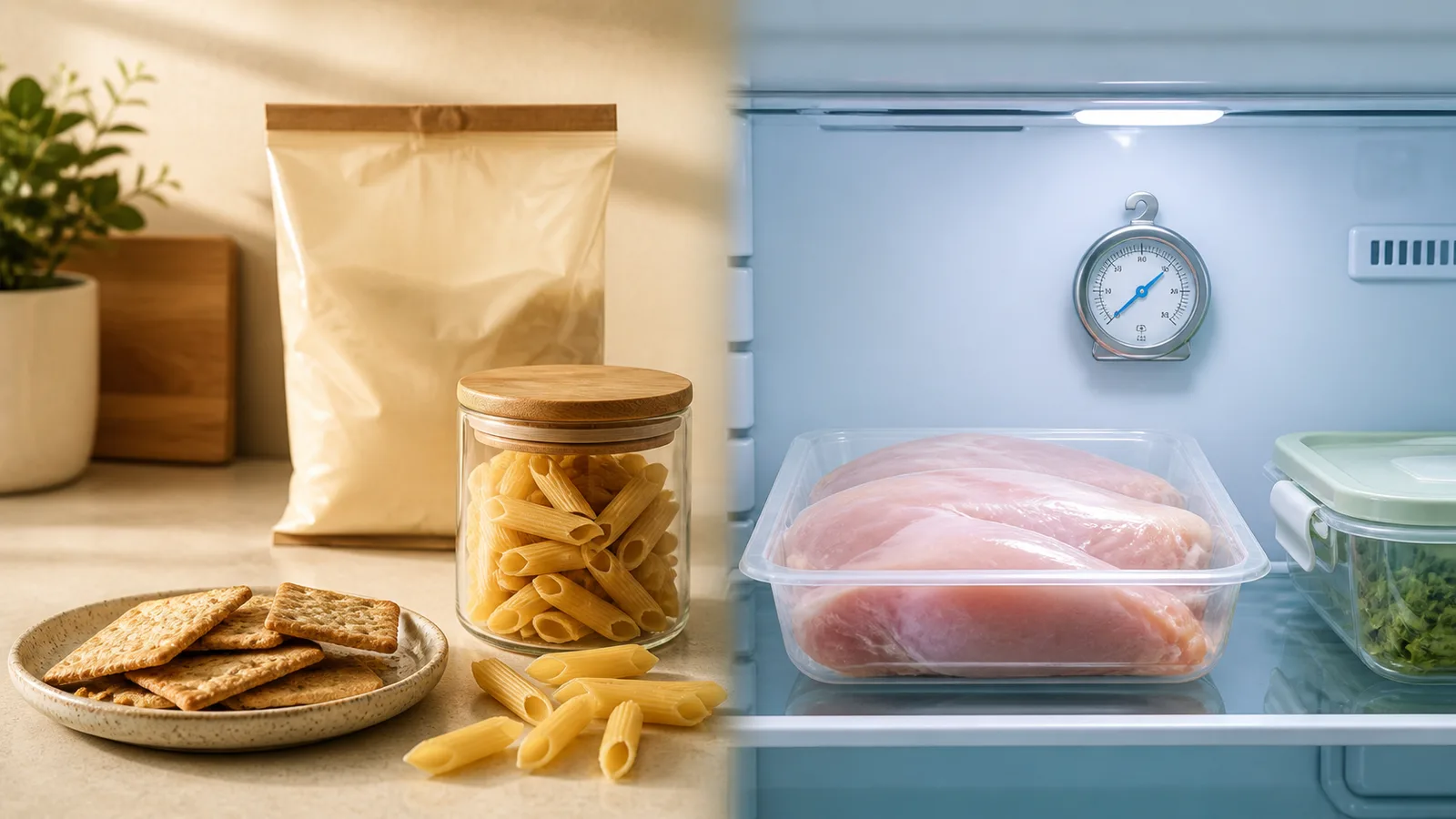 A pantry scene with dry pasta and crackers beside a refrigerator scene with raw chicken and leafy greens