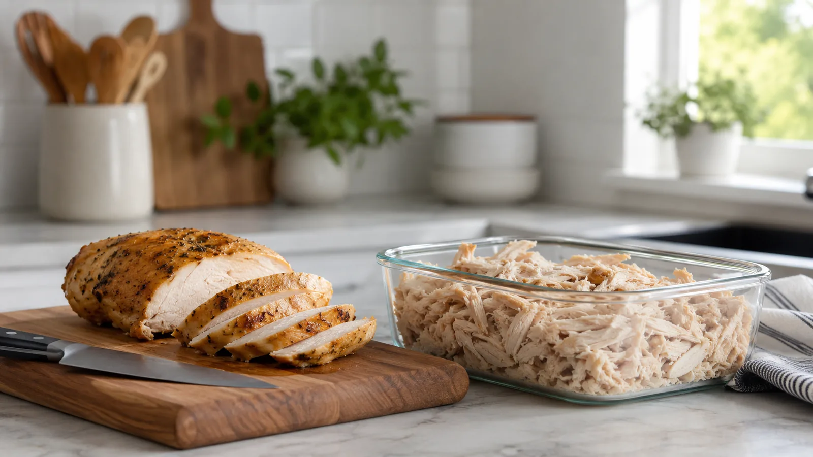 Sliced roast chicken on a wooden board beside a glass storage container of shredded chicken in a bright kitchen