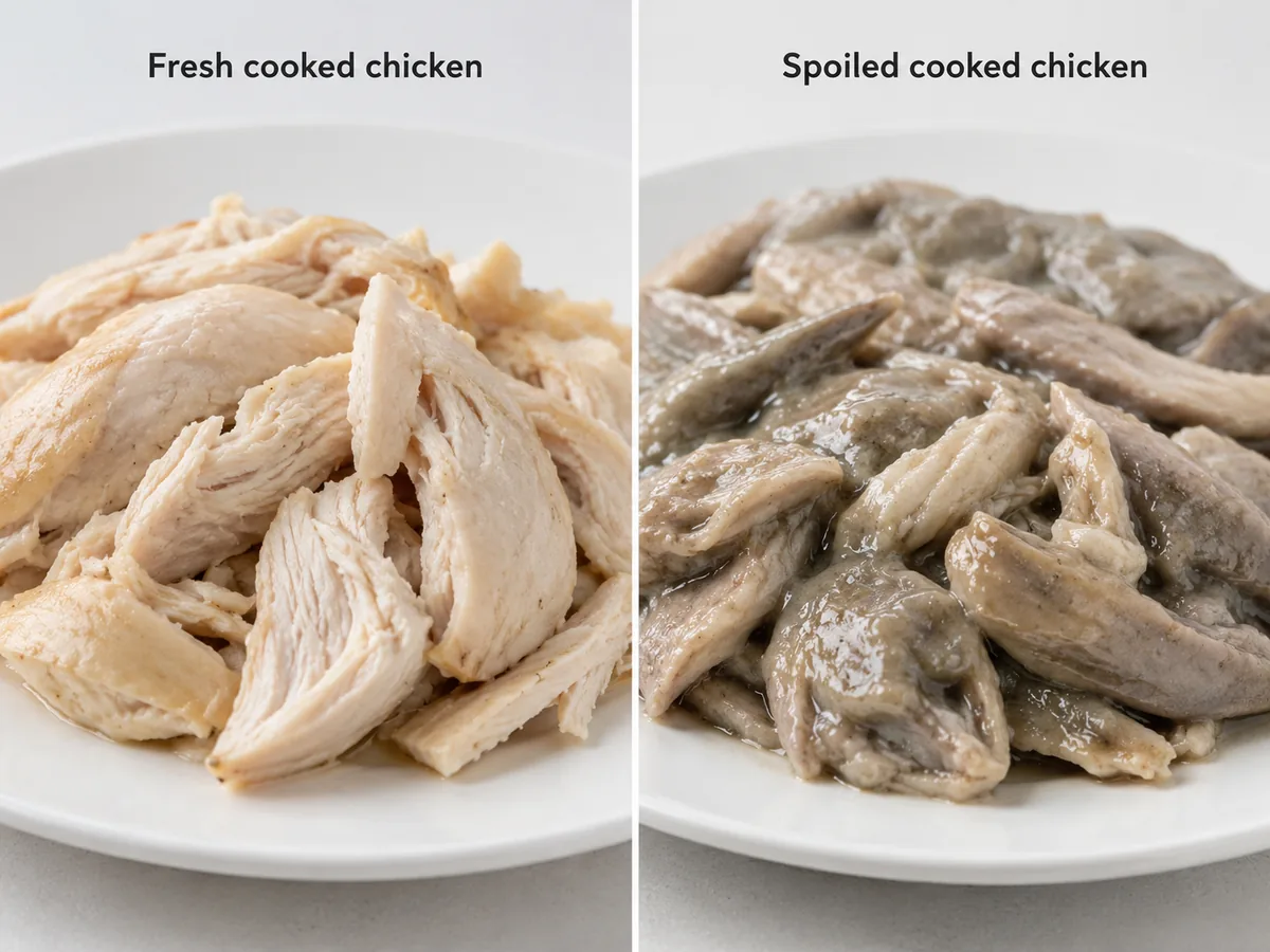 Fresh cooked chicken beside chicken showing dull grey discolouration and a tacky surface