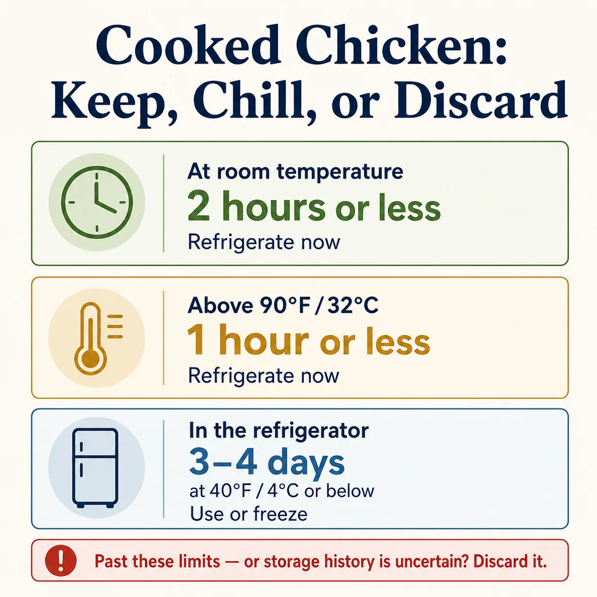Decision infographic showing when cooked chicken should be kept or discarded based on hours at room temperature and days in the refrigerator