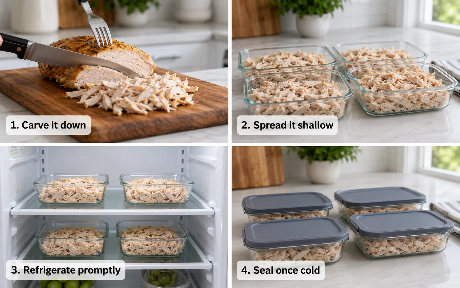 Four-panel sequence showing a cooked chicken carved down, divided into shallow glass containers, refrigerated with space around the containers, then sealed