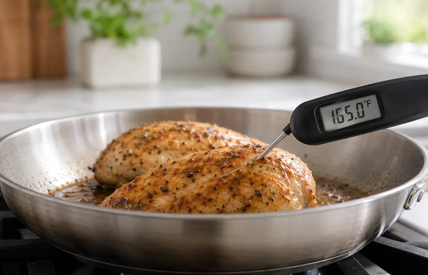 An instant-read thermometer inserted into reheated chicken in a skillet, showing a temperature in the 165°F range