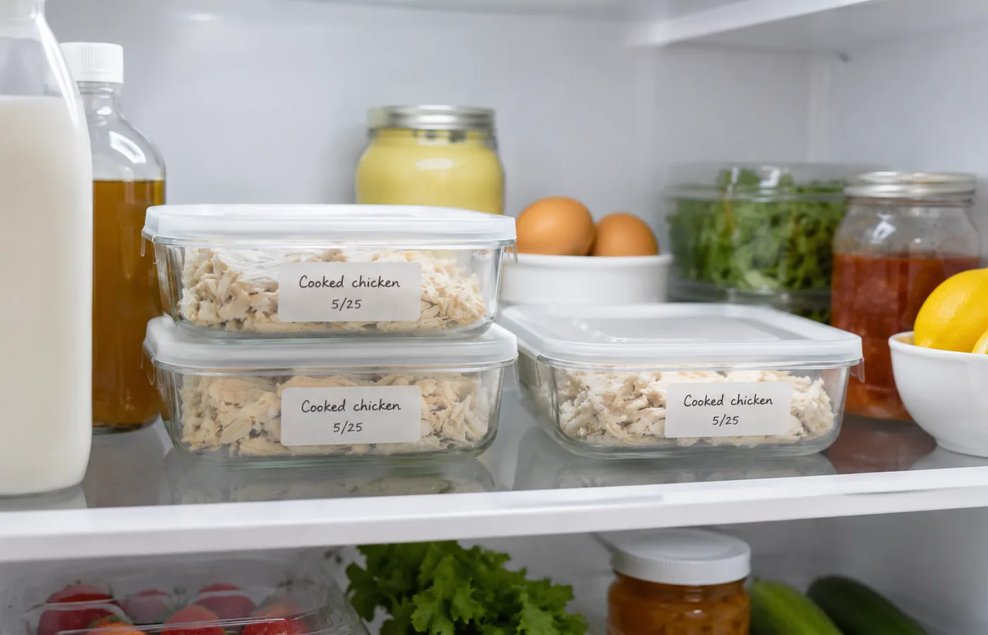 A refrigerator interior with shallow glass containers of cooked chicken, dated labels on the lids, alongside ordinary groceries