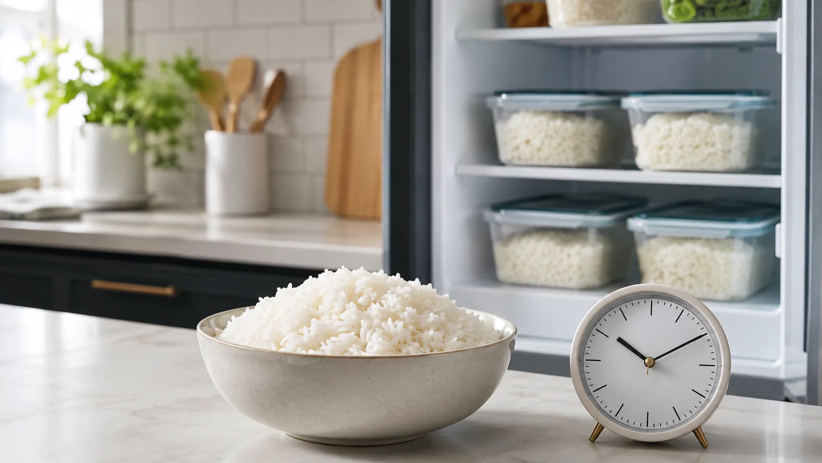 A bowl of cooked white rice beside an analog clock, with shallow containers of rice visible in a refrigerator
