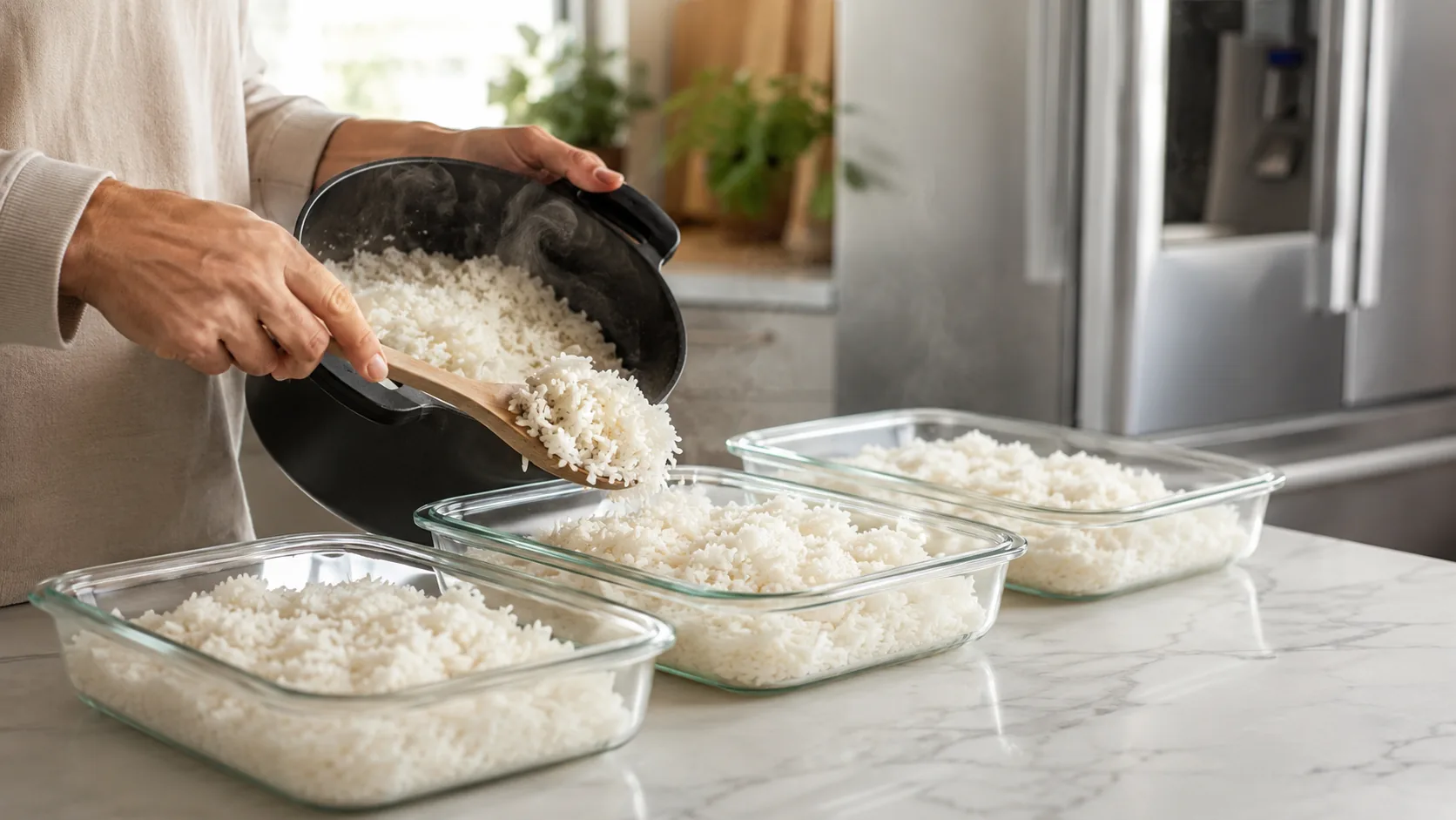 Cooked rice being divided from a large pot into several wide, shallow glass containers