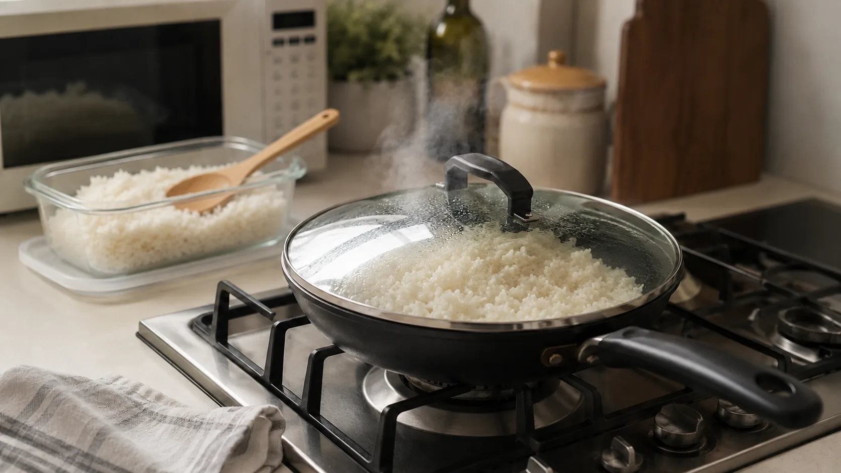 Cooked rice reheating in a covered pan beside a microwave and a shallow storage container