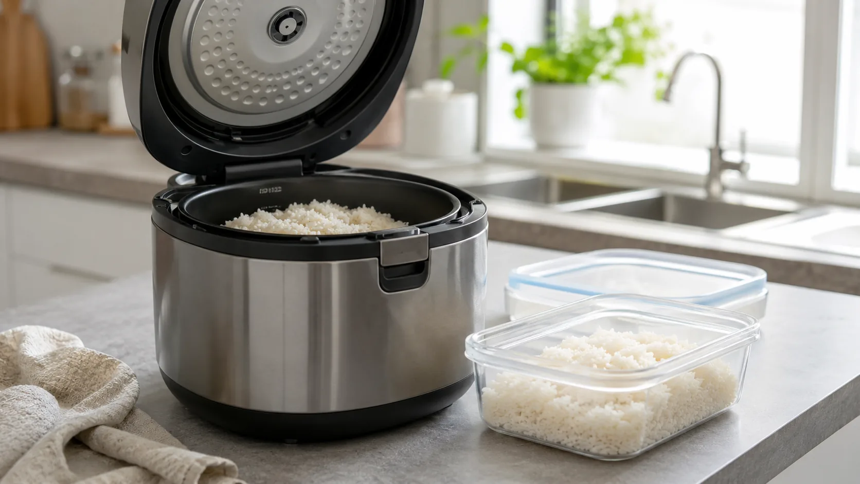 An open rice cooker beside a shallow container of cooked rice in a bright kitchen