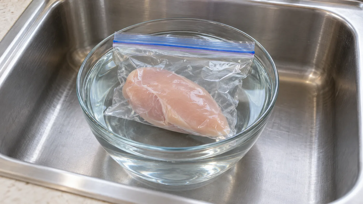 Chicken in a sealed clear bag, submerged in a bowl of water.
