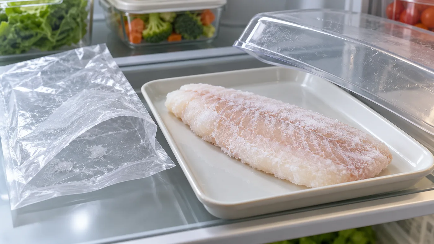 Frozen fish fully removed from an empty vacuum pouch, with a cover ready to close.