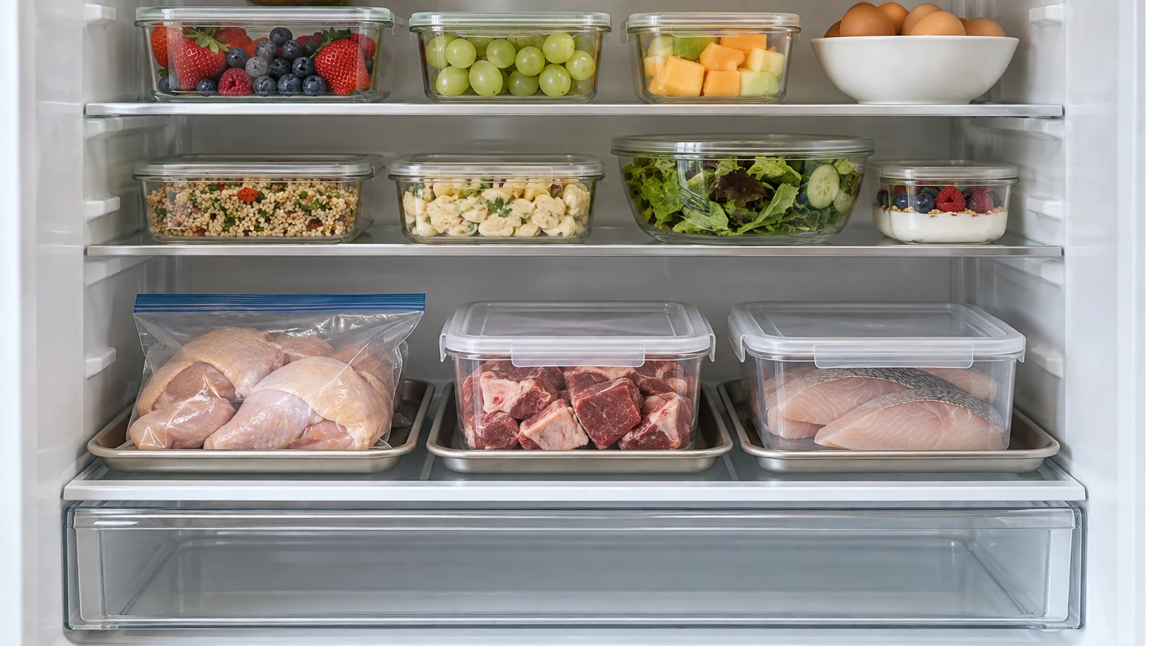 Chicken in a sealed bag and covered mutton and fish containers on separate trays on the lowest shelf, with an empty drawer below.