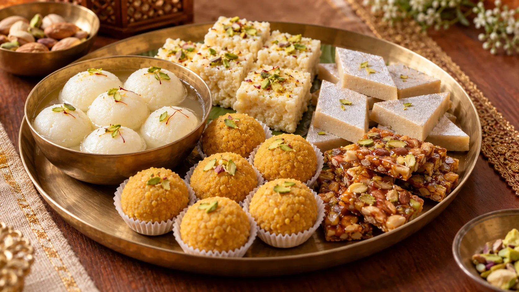 A Diwali mithai tray with syrupy milk sweets beside dry kaju katli, ladoo and chikki.