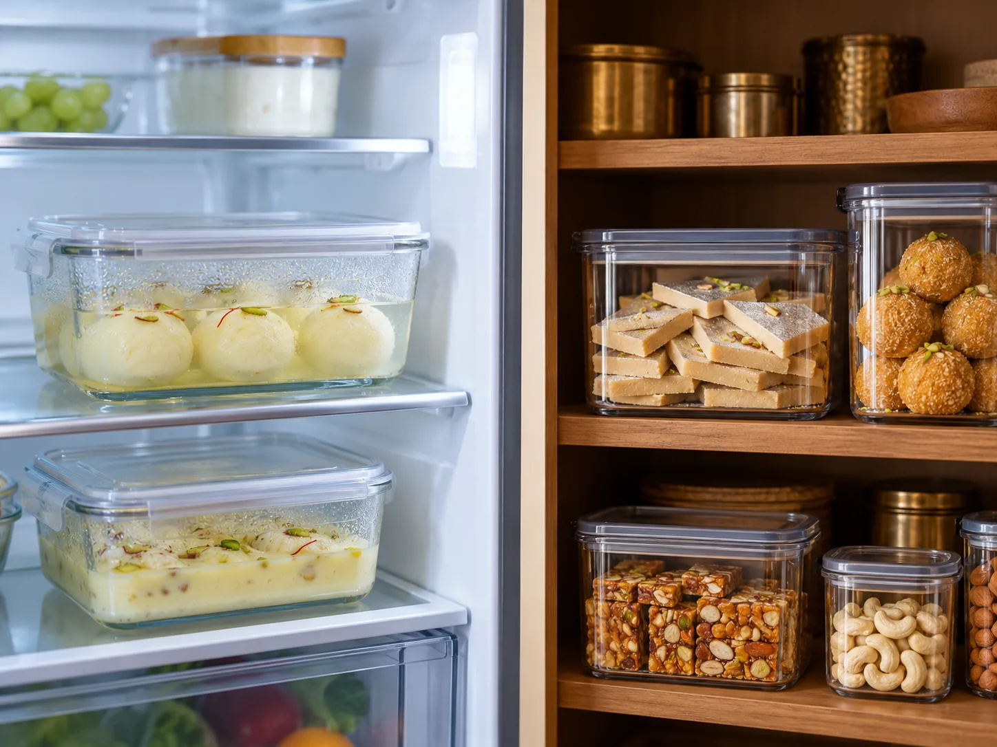 Covered moist sweets stored in a refrigerator beside sealed dry sweets on a shaded pantry shelf