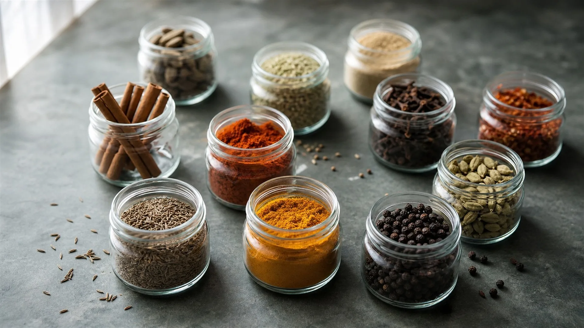Open spice jars of turmeric, paprika, cumin and cardamom arranged on a stone kitchen counter