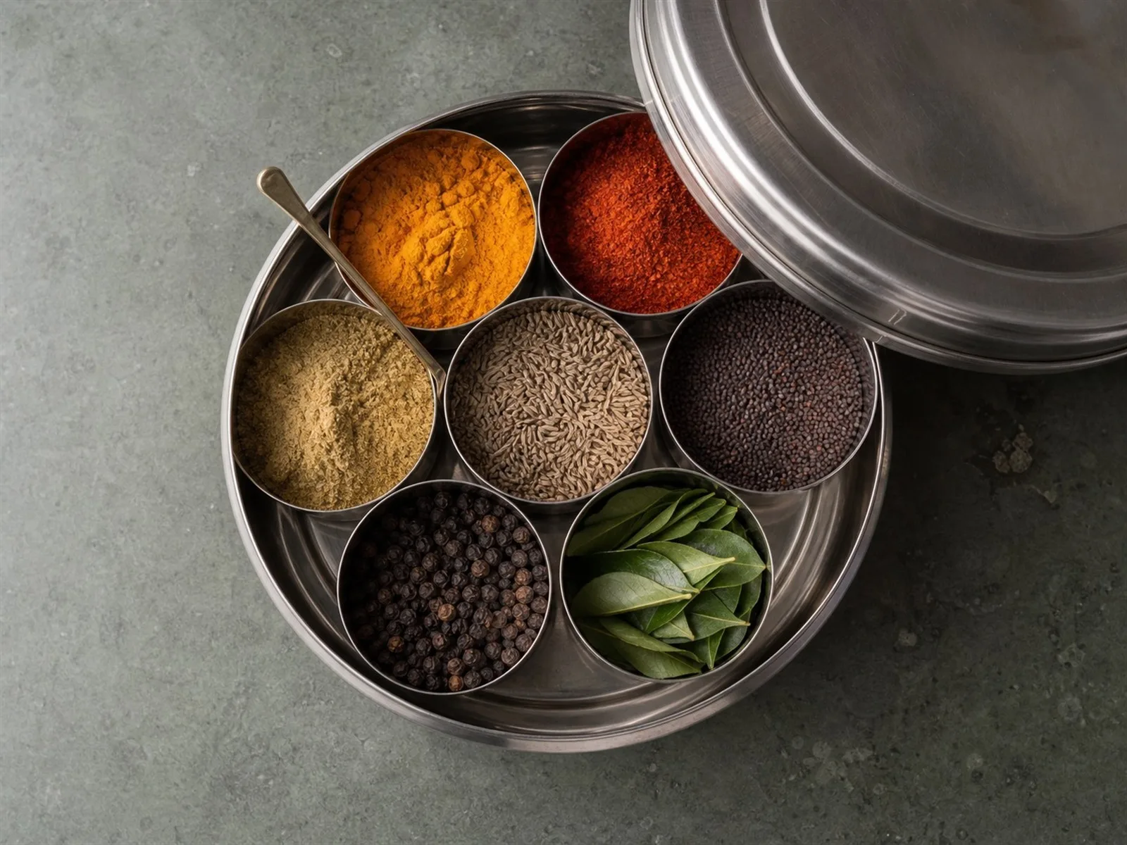 Stainless steel Indian masala dabba with seven compartments of whole and ground spices, lid open