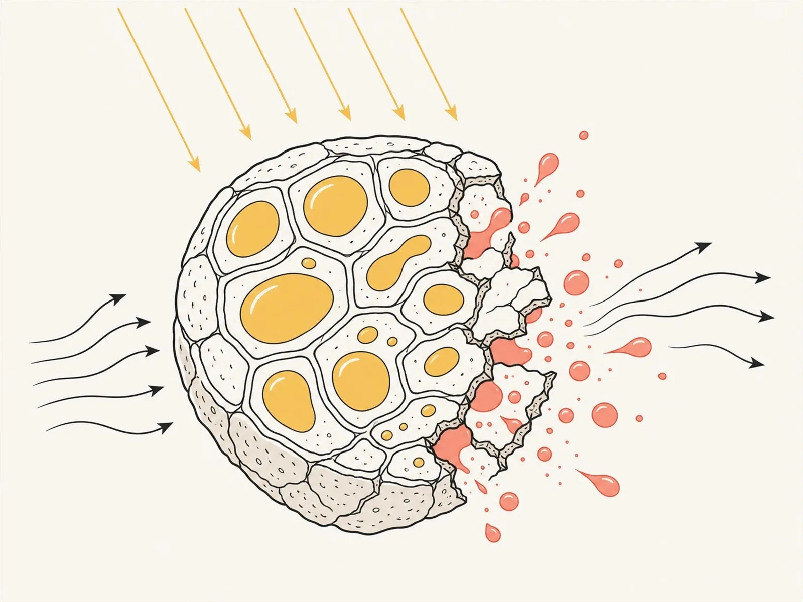 Diagram of a ground spice particle releasing aromatic oils under light and air exposure