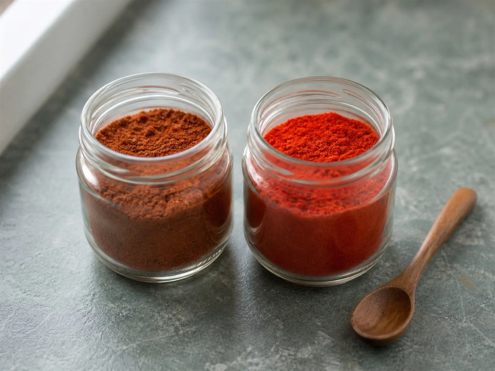 Open spice cabinet showing faded brick-brown paprika beside bright fresh paprika, illustrating colour loss in ground red spices