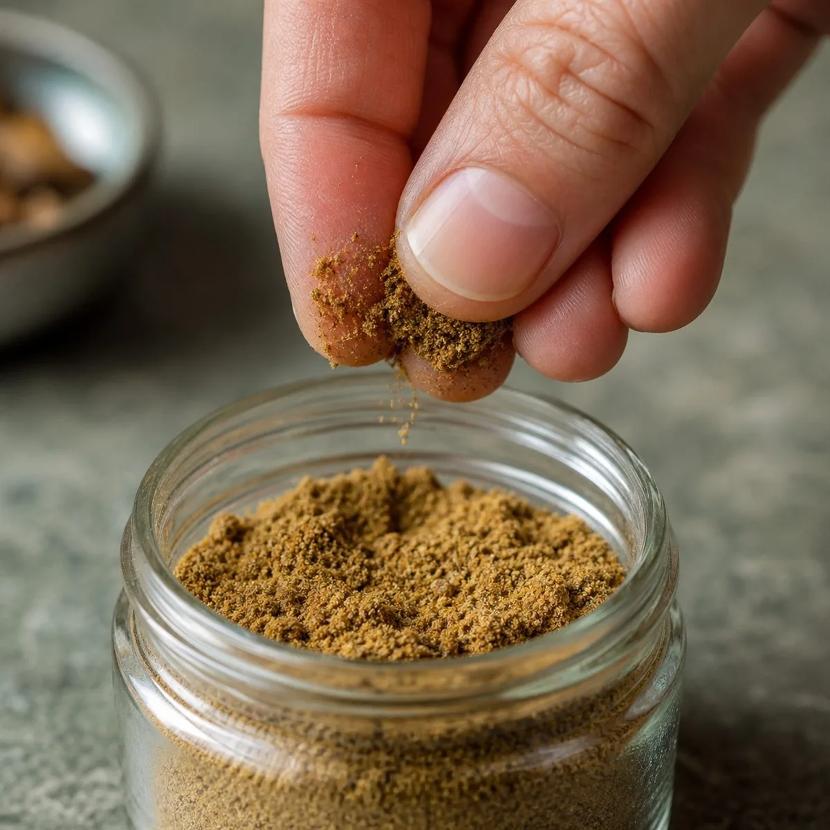 Hand rubbing a pinch of ground cumin between fingers to test spice freshness by aroma