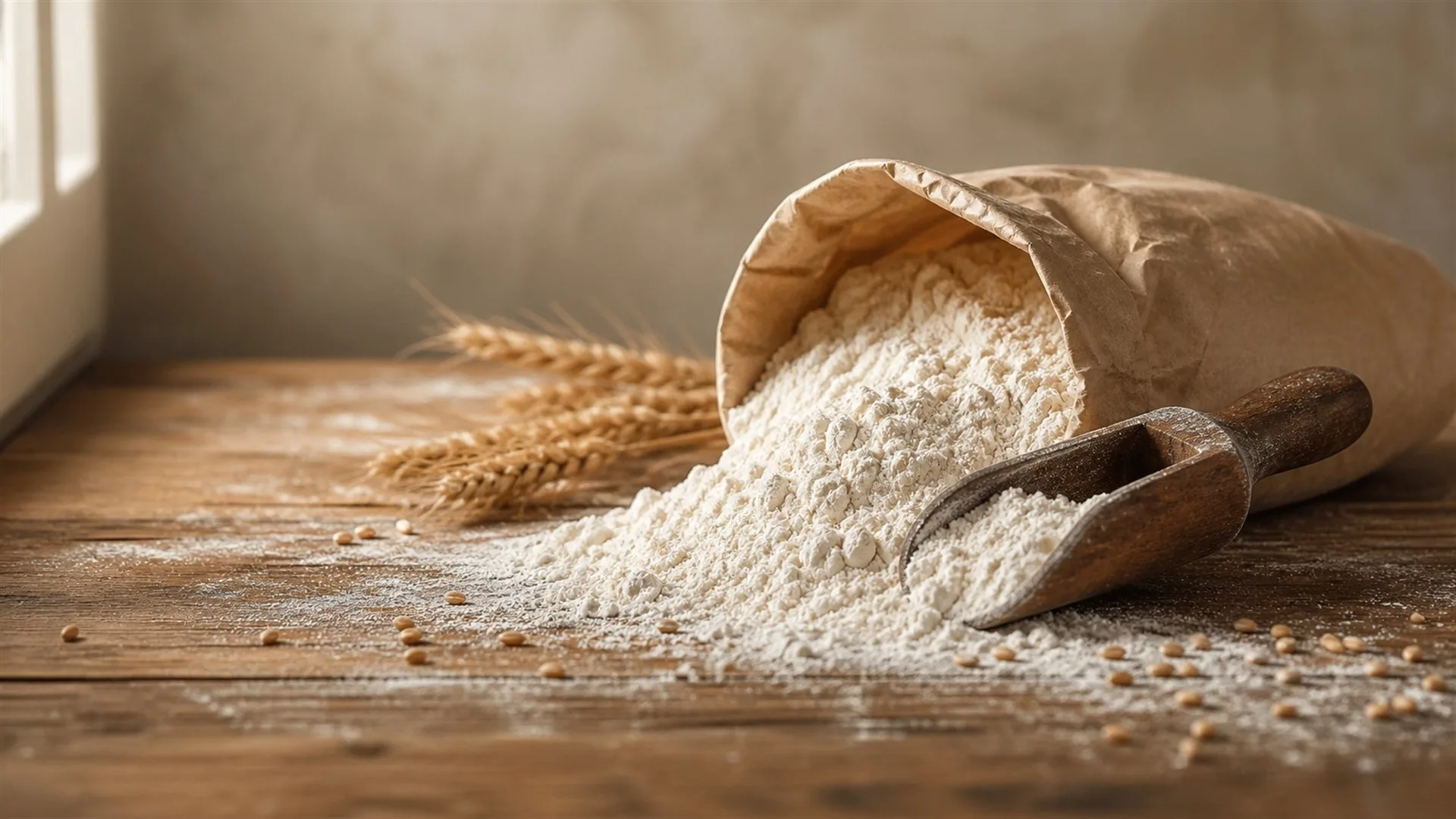 Mound of white flour with a wooden scoop and a half-rolled paper flour bag on a kitchen counter