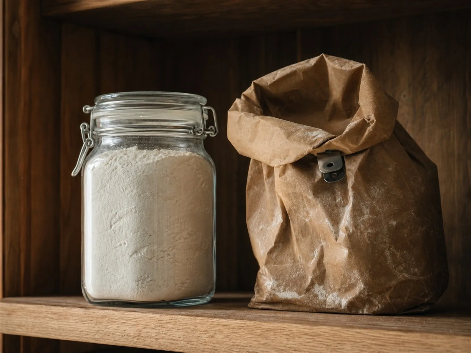 Airtight glass container of flour on a pantry shelf beside a rolled-down, loosely clipped paper flour bag