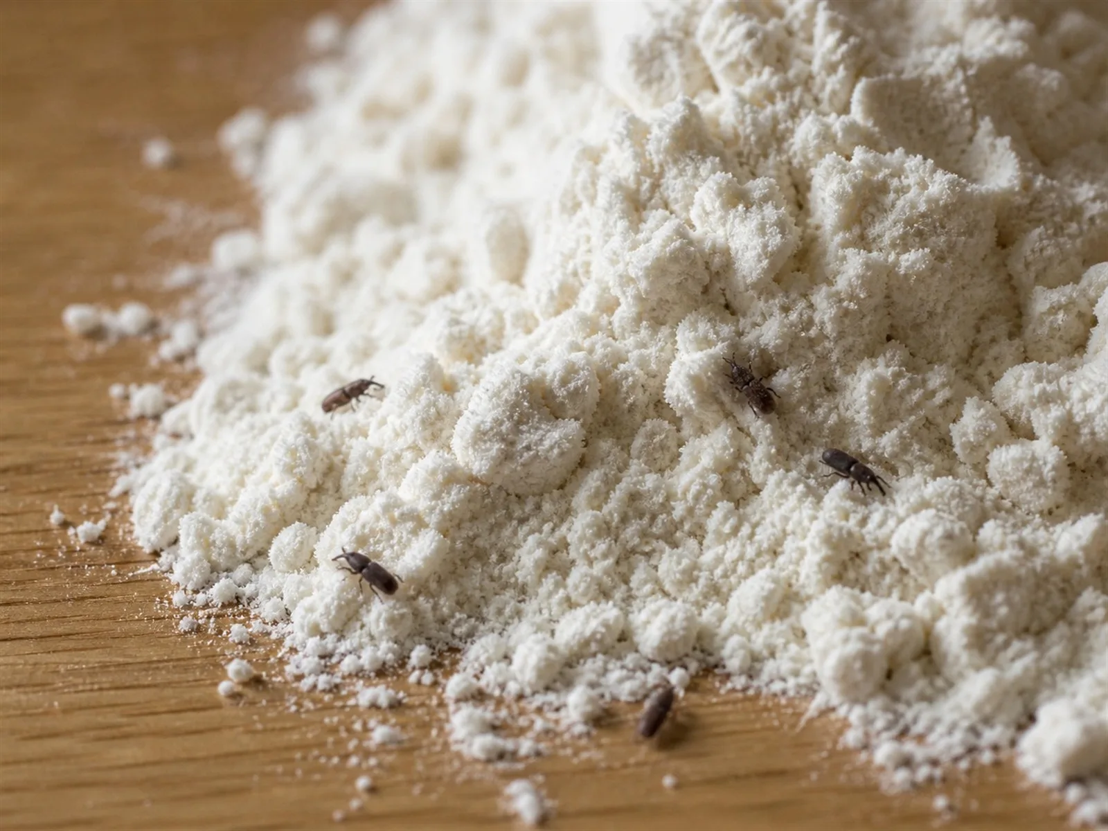 Close-up of clumped flour with small visible weevils, an infested bag that should be discarded