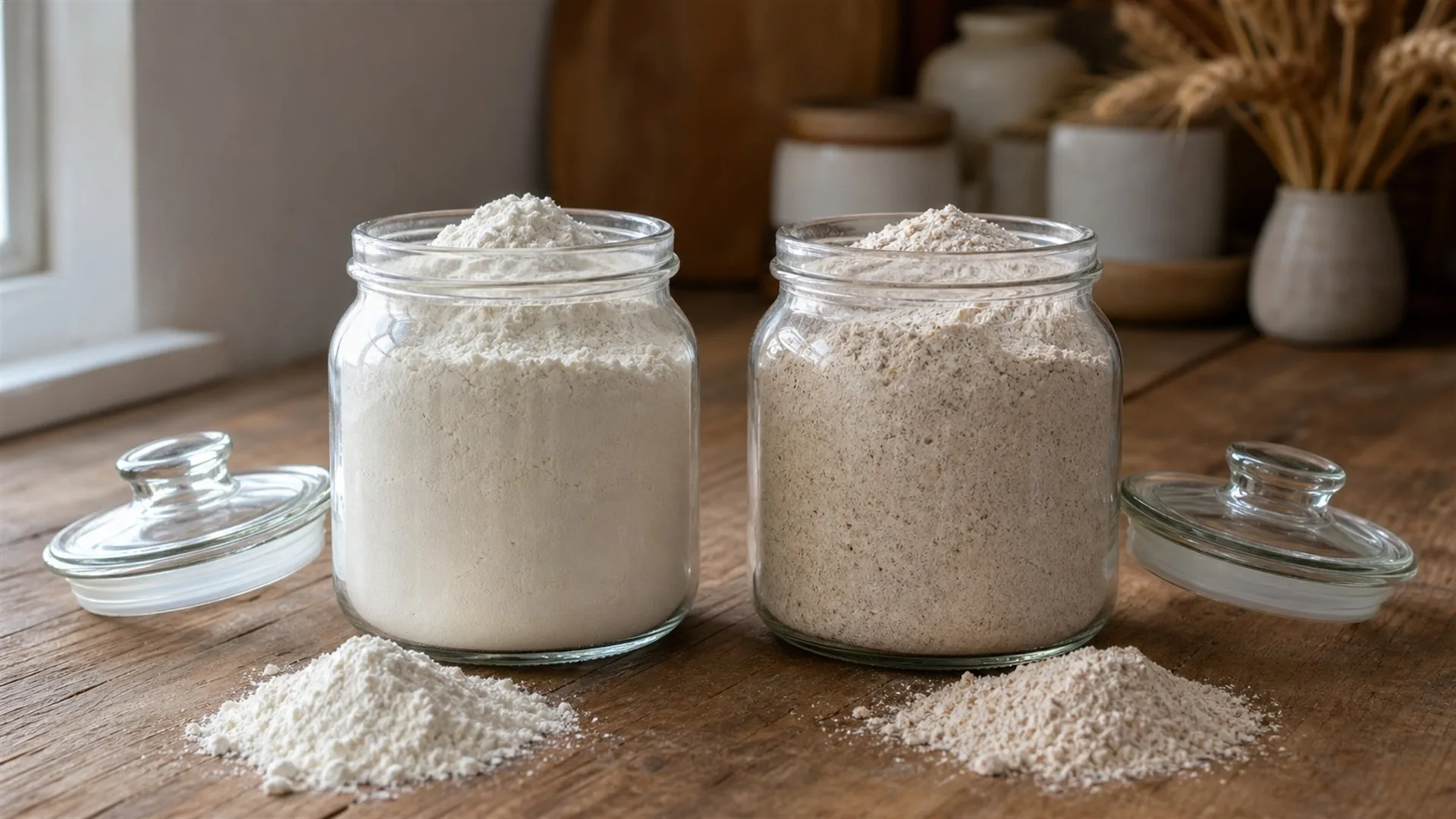 Side-by-side glass jars of pale white all-purpose flour and darker wholemeal atta showing the colour difference