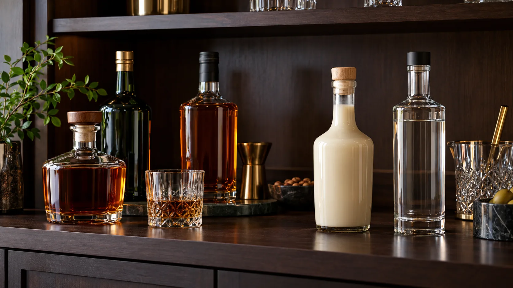 Unbranded clear and amber spirit bottles beside a pale cream liqueur bottle on a shaded cabinet