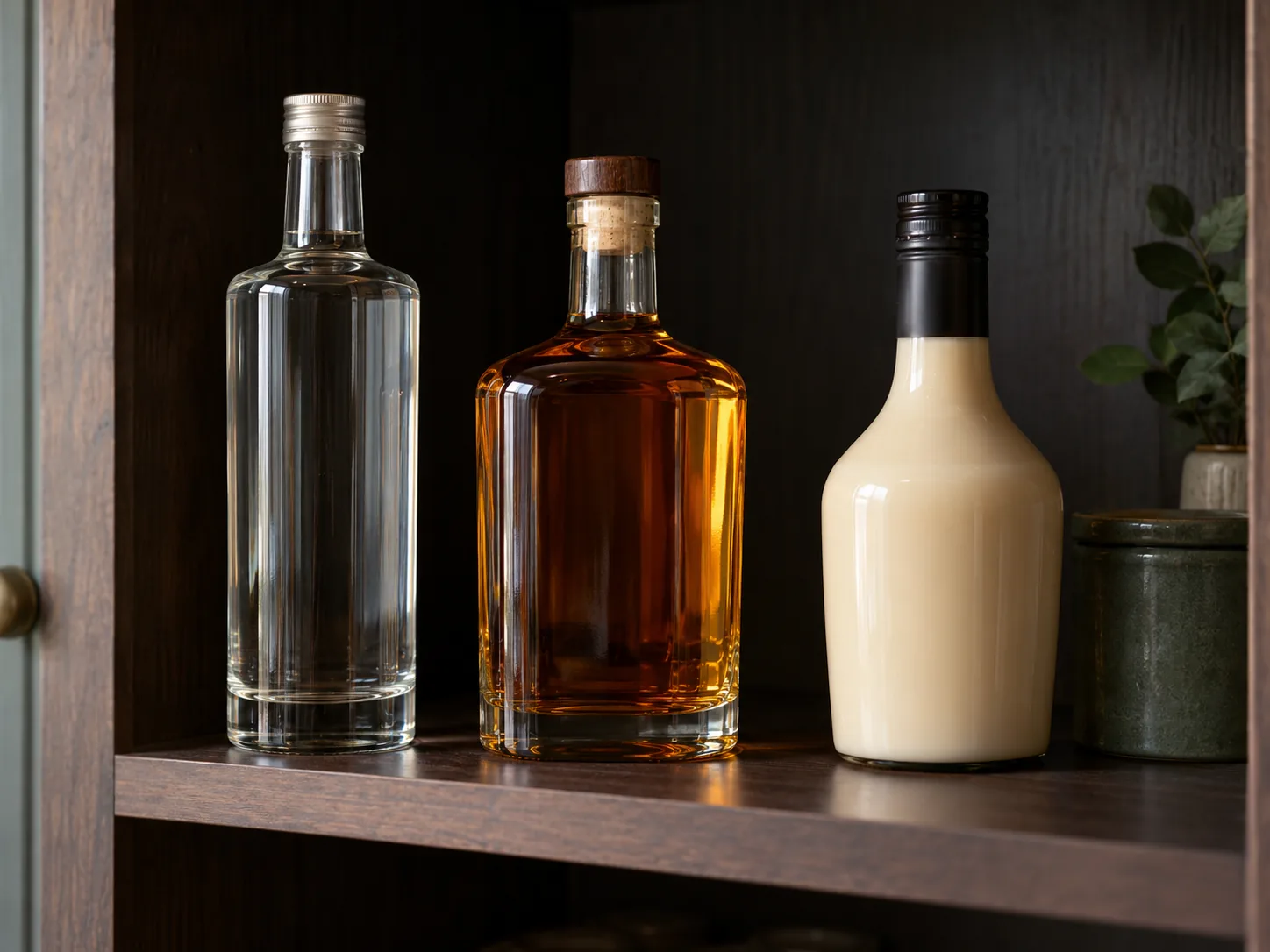 Tightly capped clear and amber spirits beside a separate cream liqueur bottle on a cool shaded shelf