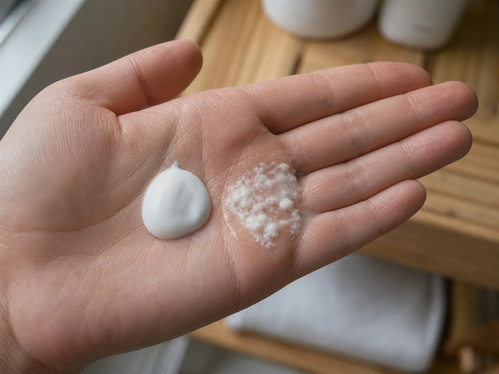 Separated expired sunscreen with watery layer and grainy white residue on a palm