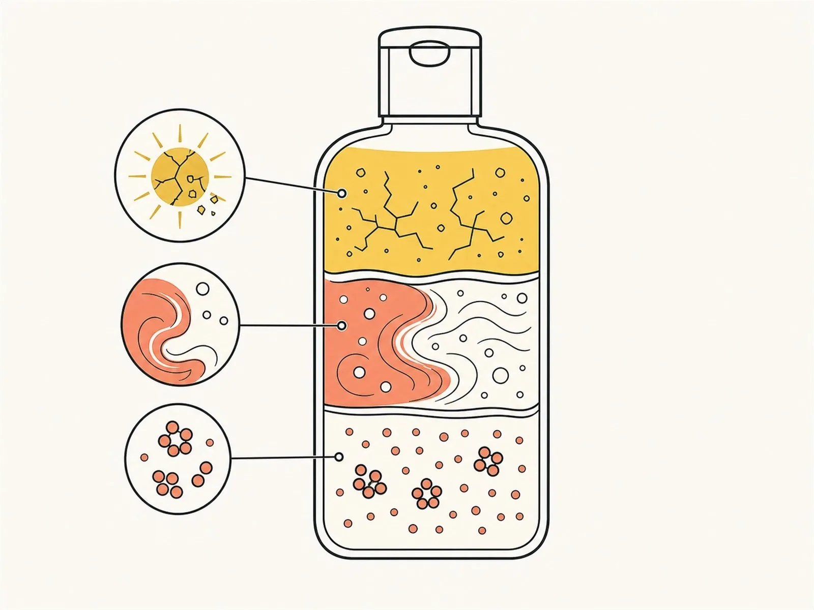 Cutaway diagram of a sunscreen bottle showing UV filter breakdown, emulsion separation and preservative failure