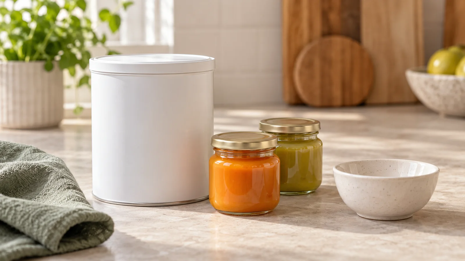 A closed white powder tin beside sealed jars of orange and green puree.