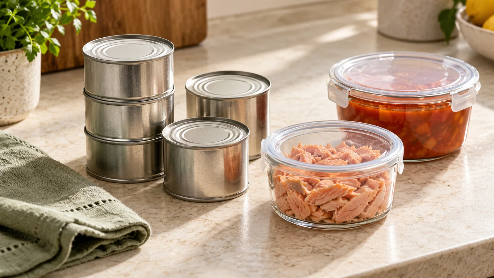 Intact silver cans beside closed containers of salmon and red soup.