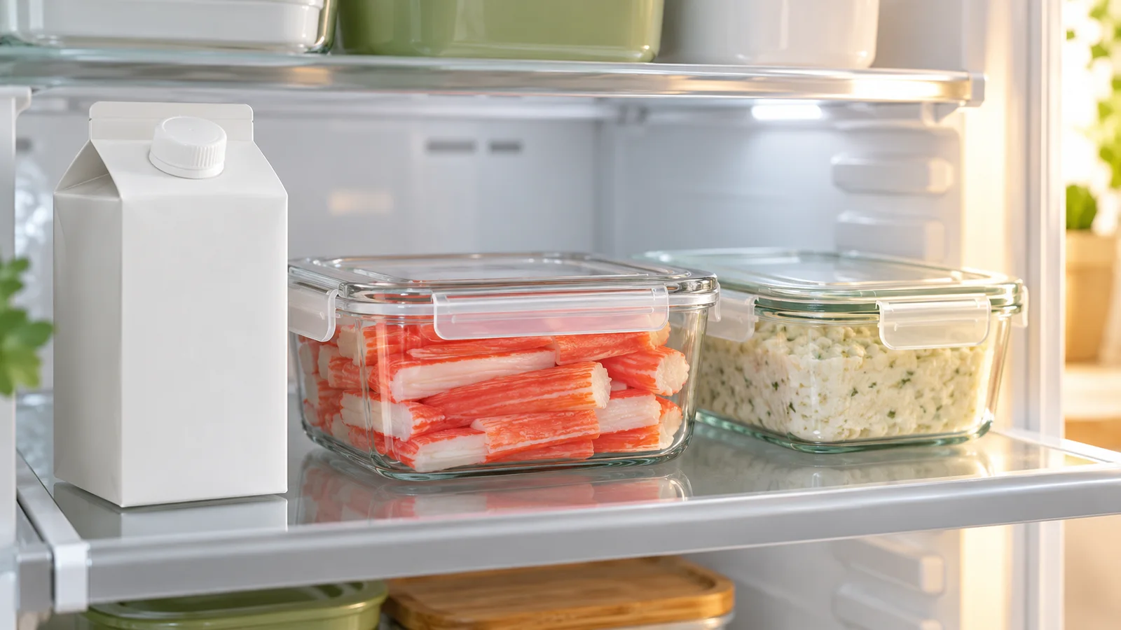 A closed white carton and containers of imitation crab and other food on a refrigerator shelf.