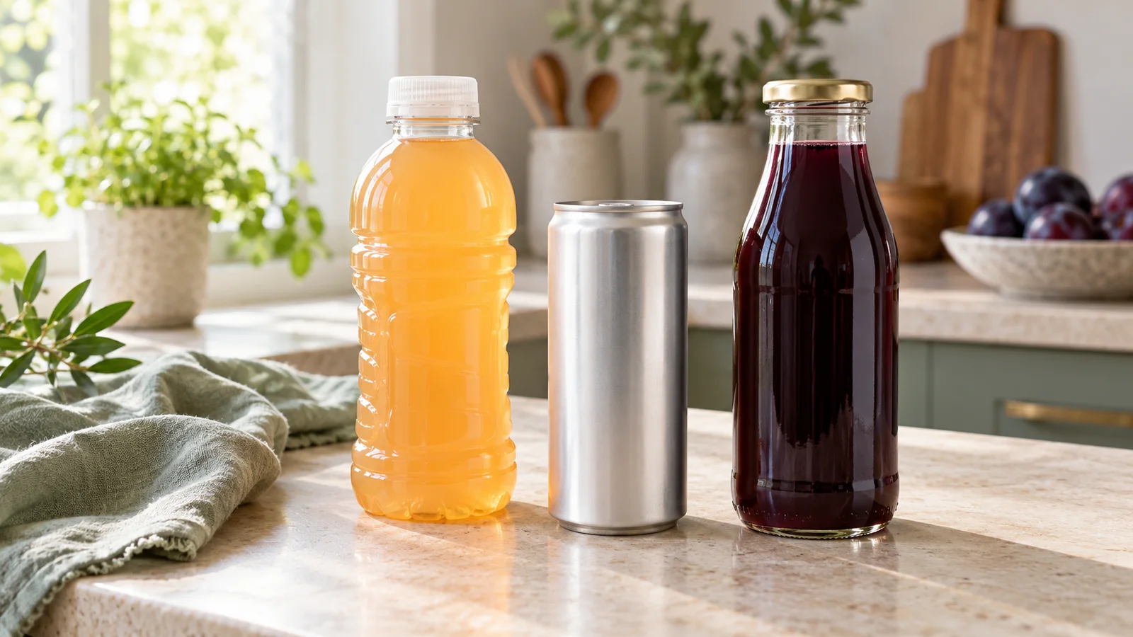 Closed bottles of orange and purple drinks beside a plain silver can.
