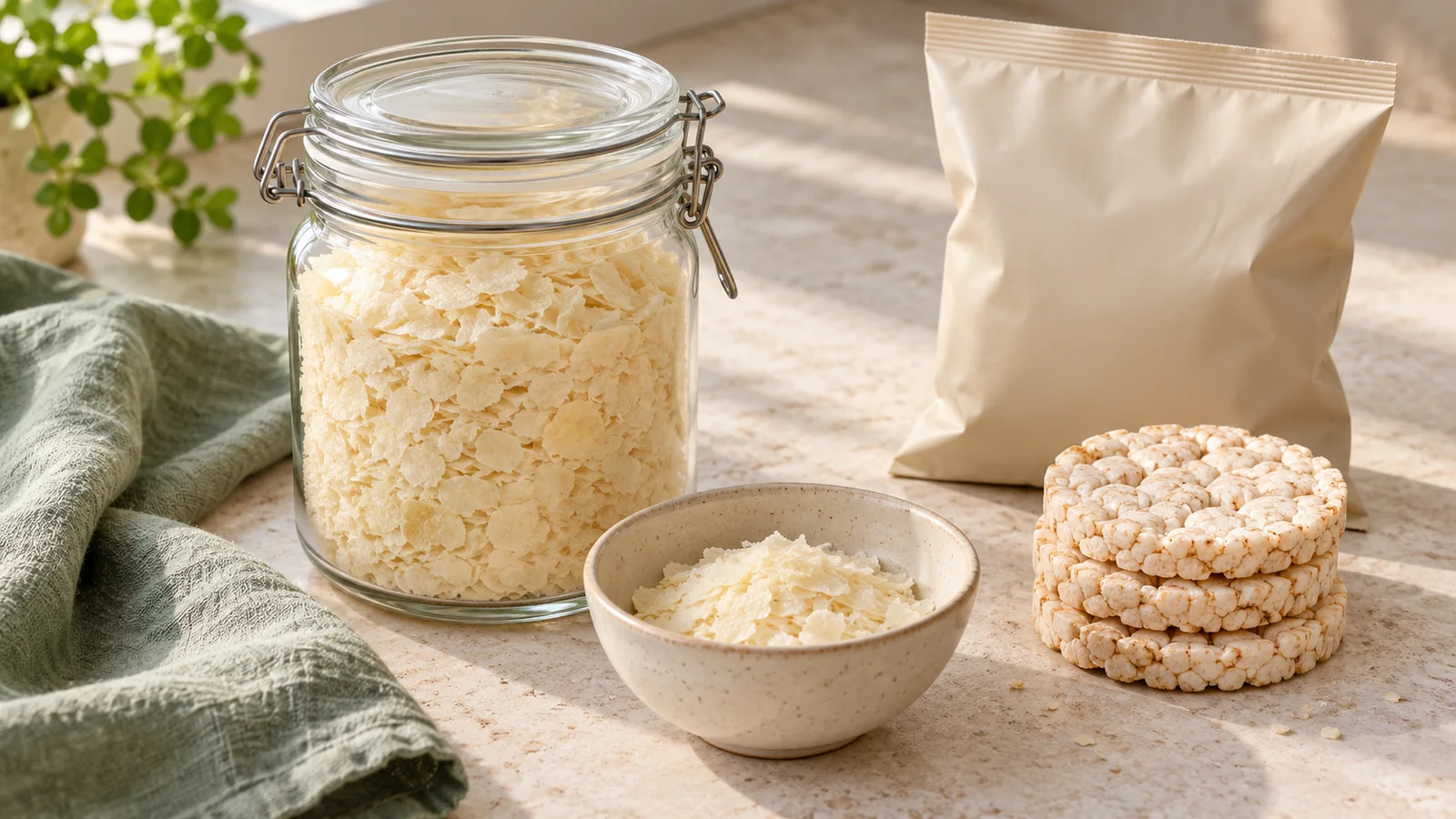 A closed jar of potato flakes beside rice cakes and a sealed snack bag.
