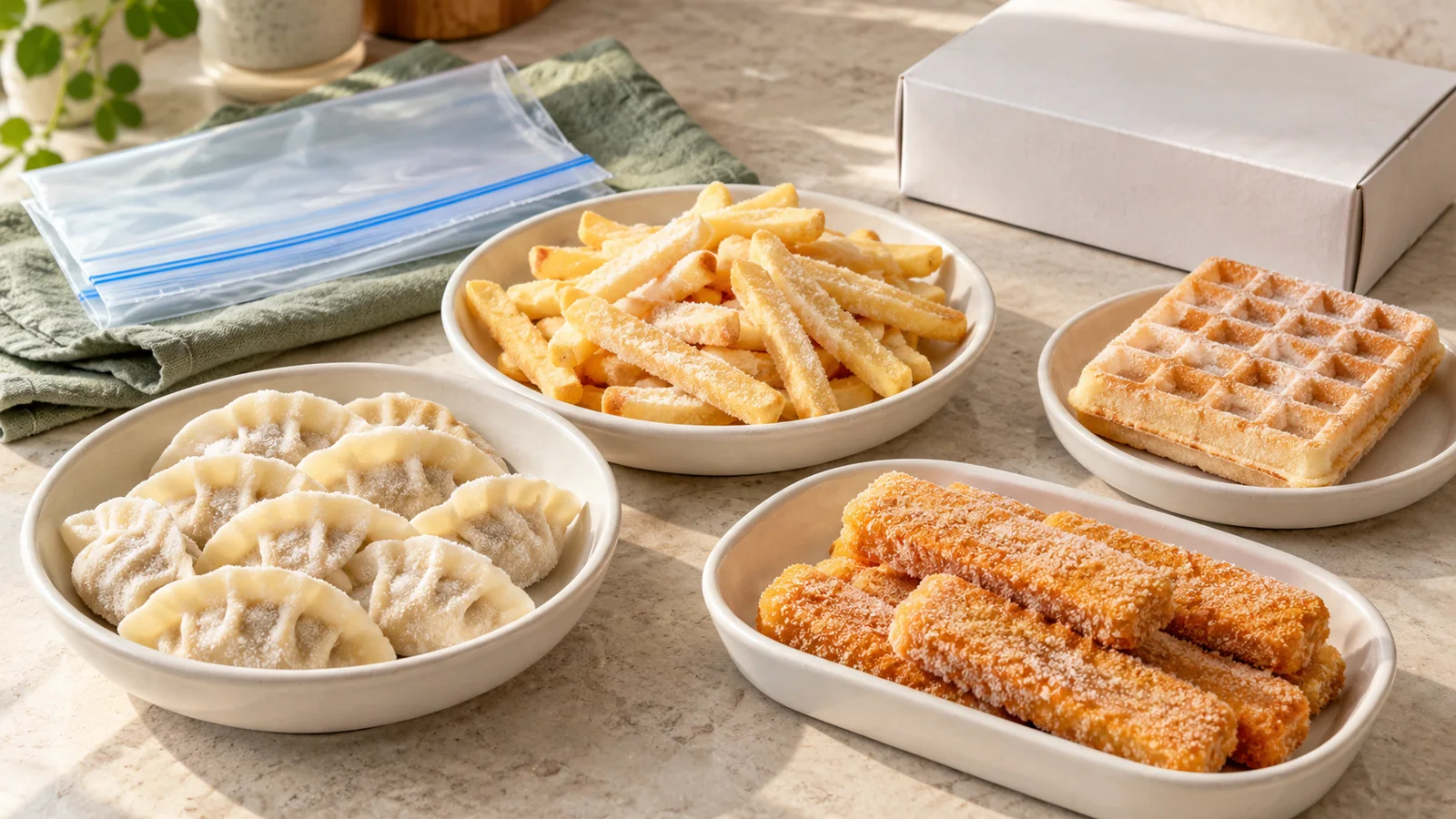 Frozen dumplings, fries, a waffle and breaded sticks arranged in separate dishes.