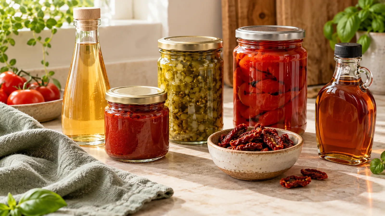 Capped bottles and closed condiment jars beside dry tomato pieces.