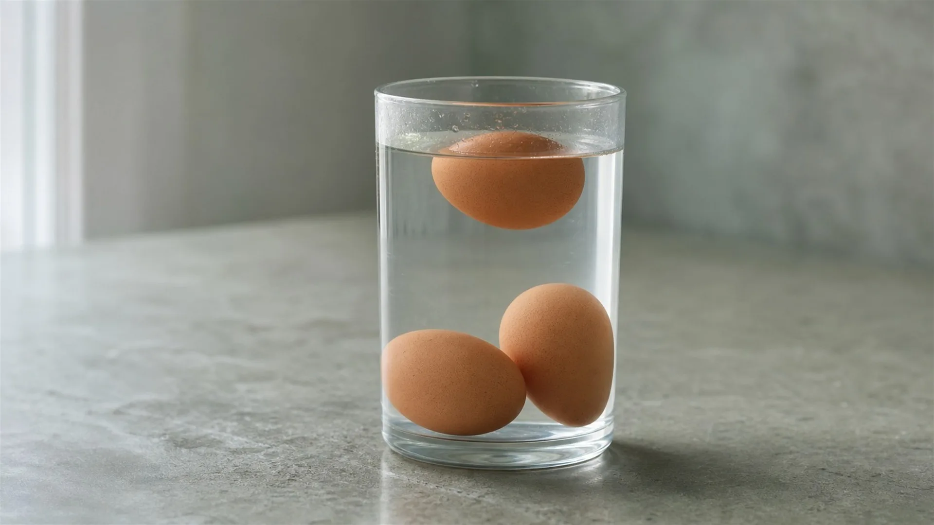 Three eggs in a glass of water showing sinking, standing upright and floating positions