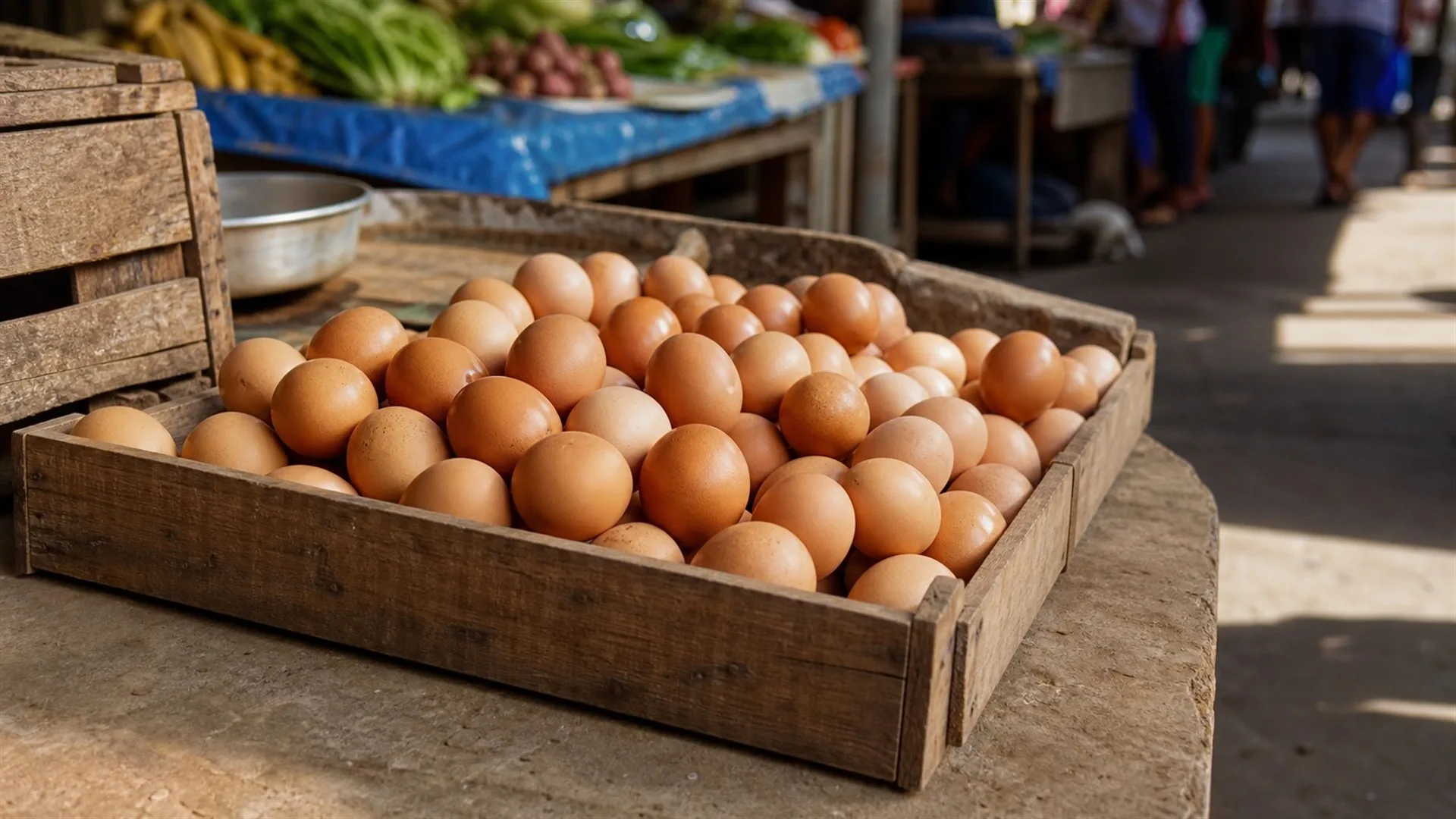 Open wooden crate of eggs for sale at an outdoor market stall, unrefrigerated in warm weather