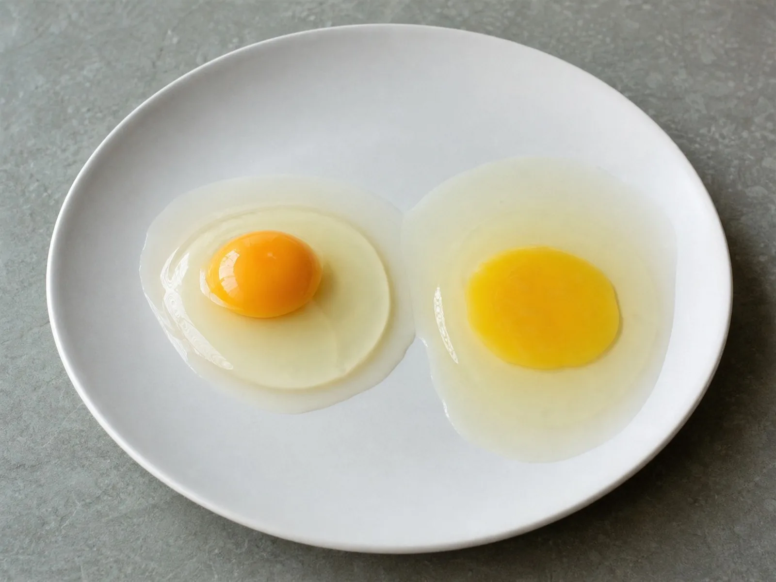 Fresh egg with a tall domed yolk beside an old egg with a flat watery yolk on a white plate