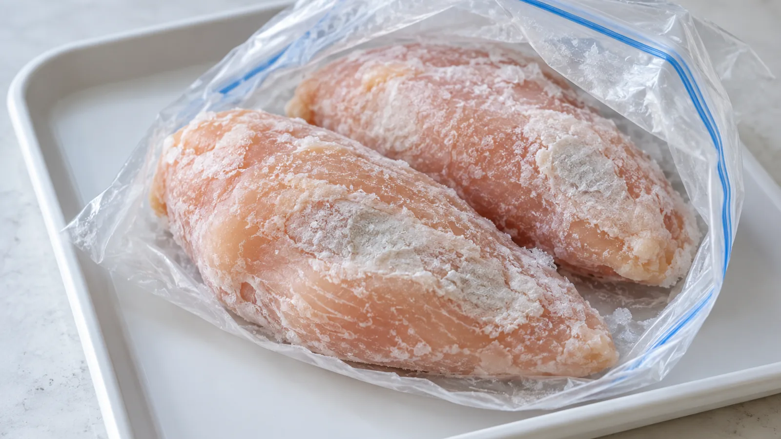 Illustration of frozen chicken with pale dry-looking patches and ice crystals in a freezer bag on a tray.