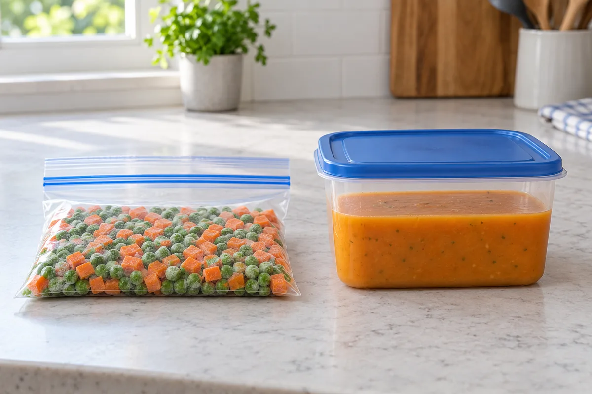 Illustration of vegetables packed in a sealed bag beside a lidded soup container with visible headspace.