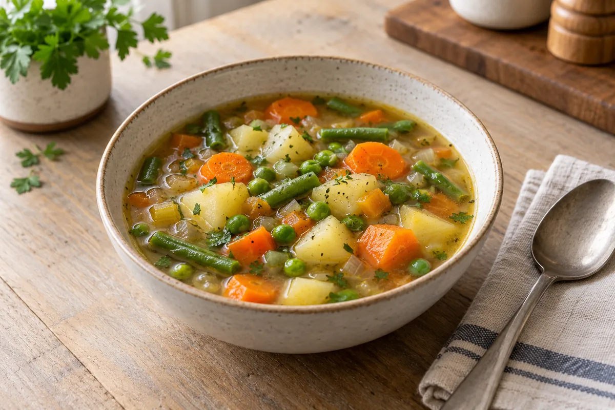 Illustration of vegetable soup with carrots, peas, green beans and potatoes.